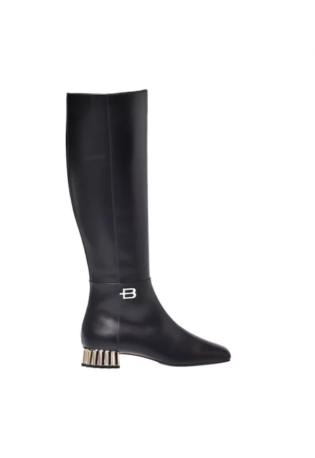 Кожени ботуши до коляното с квадратен връх - Черен