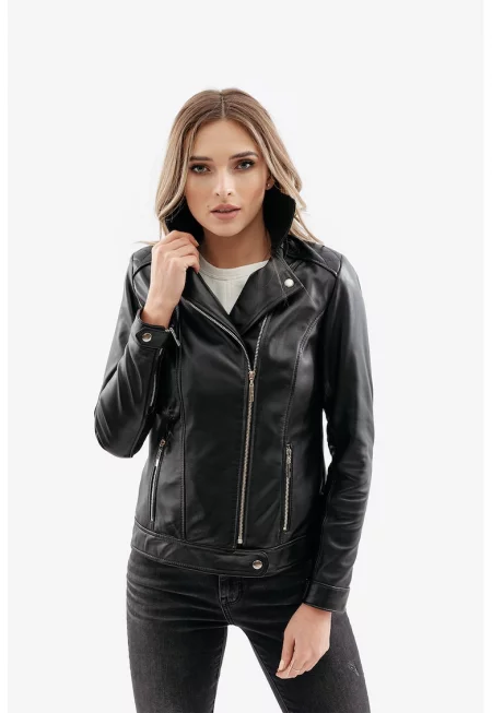 Кожено яке Biker с асиметрично закопчаване - Черен