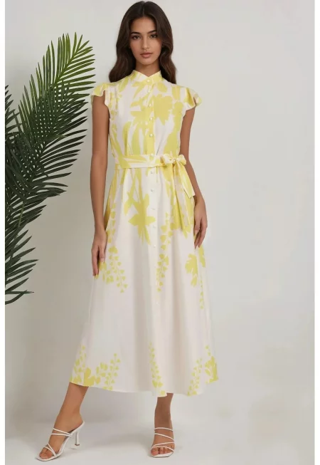 Макси рокля -  флорален принт - жълта - slim fit