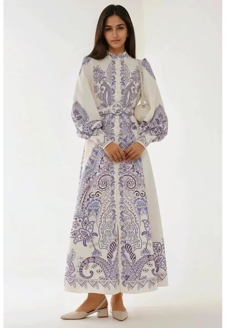 Макси рокля -  щампа - дълъг ръкав - многоцветна - текстил