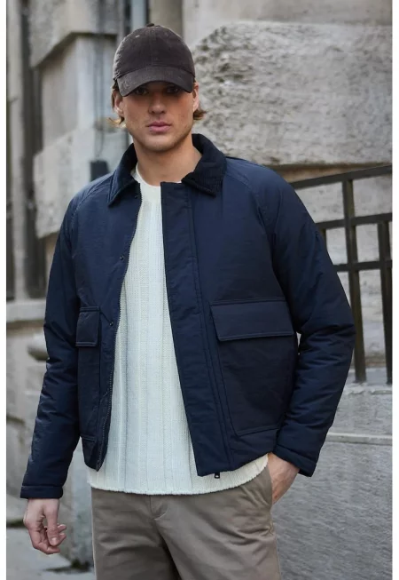 Мъжко яке  синьо полиестер regular fit с джоб