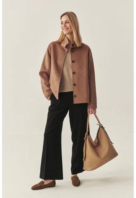 Палто с вълна с джобове встрани - Бежов -