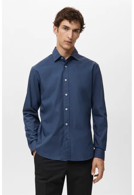 Памучна риза с копчета на маншетите - Тъмносин