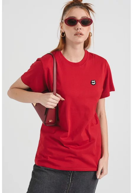 Памучна тениска с овално деколте - Червен/Черен