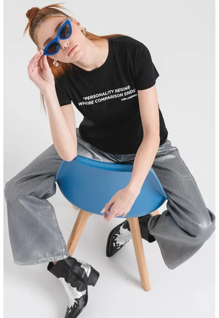 Памучна тениска с принт - Черен/Бял