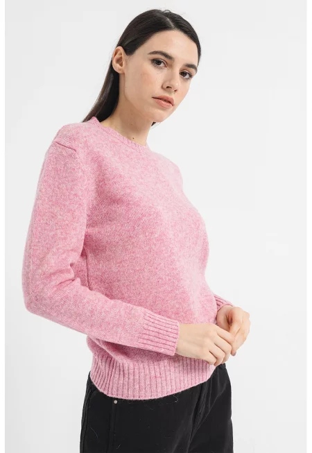 Пуловер от необработена вълна - Розов меланж