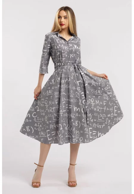 Разкроена рокля-риза с колан - Бял/Tъмносив