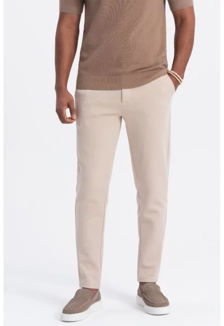 Релефен панталон с връзка - Крем