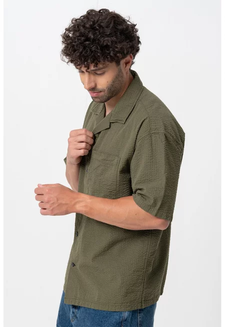 Релефна риза с къси ръкави - Тъмно каки