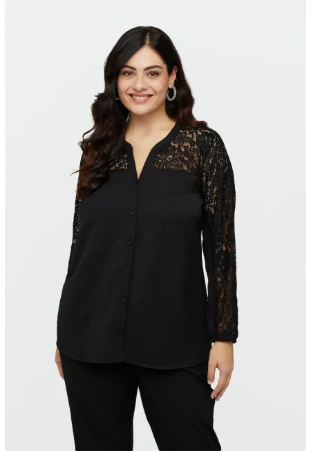 Риза с дантелени ръкави - Черен