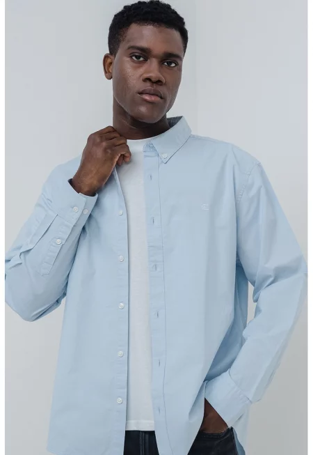 Риза с памук с копчета на яката - Пастелносин