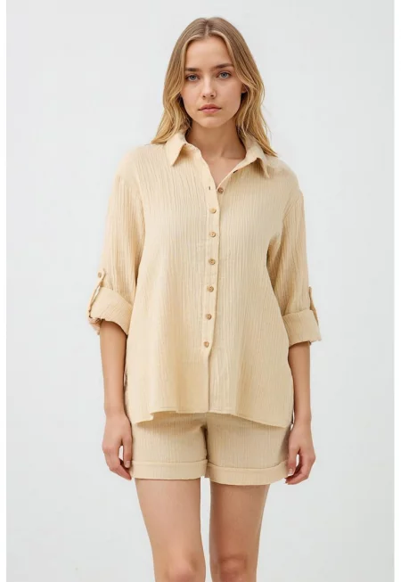 Риза с памук с релеф - Бежов