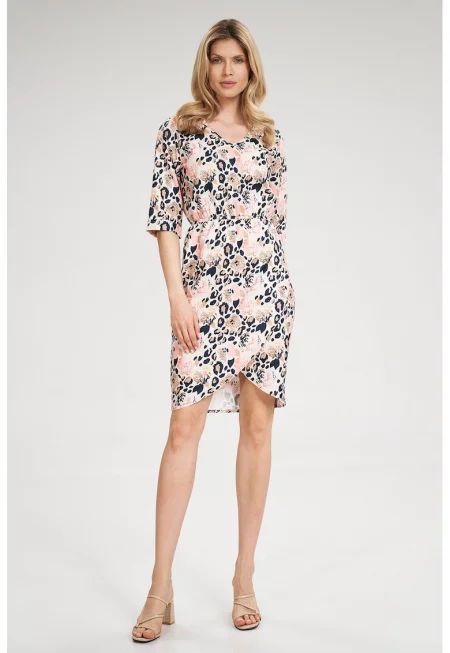 Рокля  M702 с флорален принт - ежедневна - къс ръкав - асиметрична - многоцветна - 100% полиестер