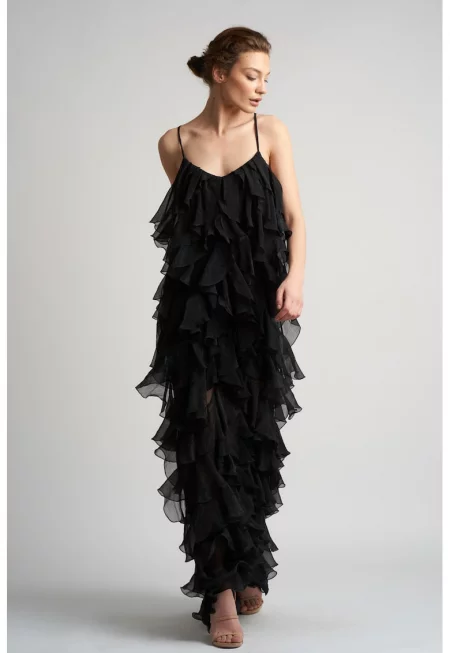 Рокля макси Lucky с волани от смес от коприна