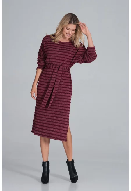 Рокля миди  с дълъг ръкав на райета - бордо - полиестер - размер SM
