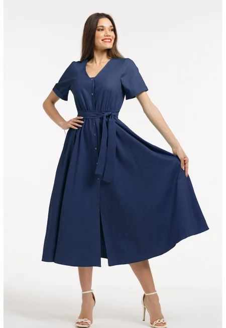 Рокля-риза с колан - Тъмносин