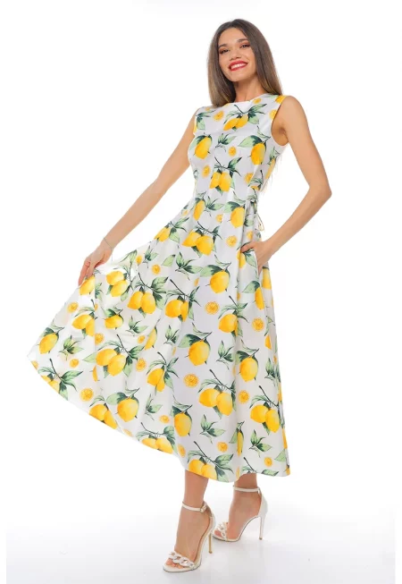 Рокля с джобове - Бял/Зелен/Жълт