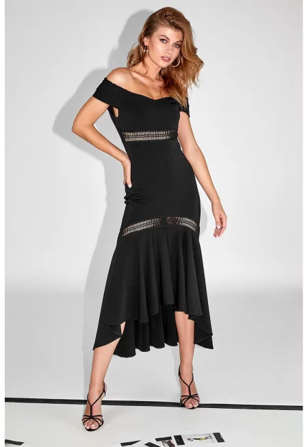 Рокля с голи рамене и асиметричен дизайн - Черен