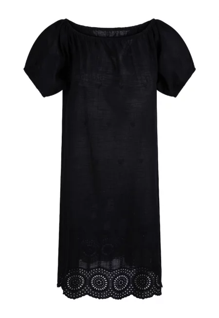 Рокля с къси ръкави и бродерия - Черен