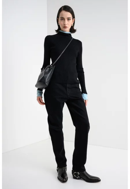 Слим пуловер с вълна - Черен/Тюркоаз