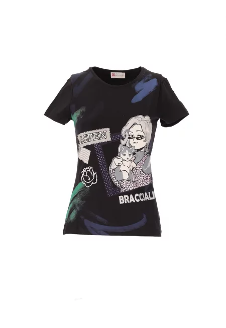 Слим тениска с декоративни камъни - Черен