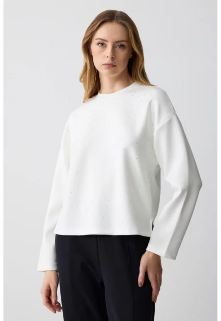 Суитшърт с овално деколте - Бял
