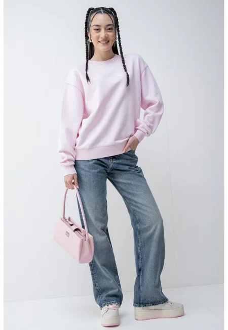 Суитшърт с паднали ръкави - Бял/Пастелнорозов