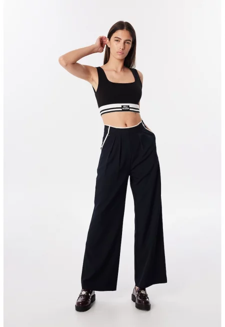 Свободен панталон с миди талия - Бял/Тъмносин