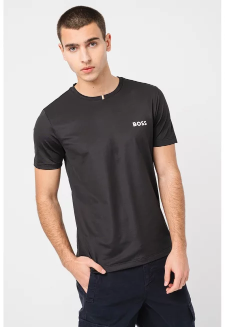 Тениска с овално деколте и лого - Черен