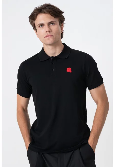 Тениска с памук с яка - Черен/Аленочервен