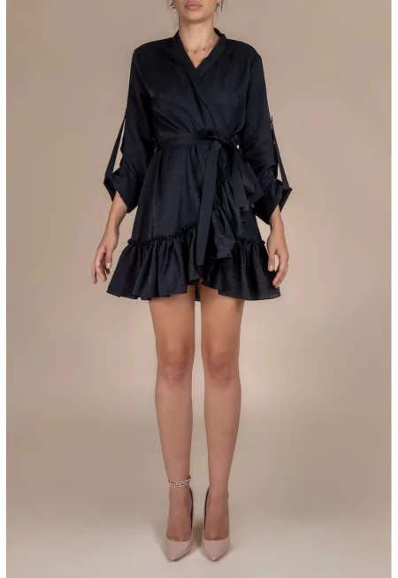 Wrap Dress With Ruffles & Wide Cuffs - Черен