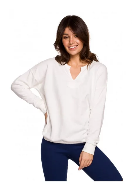 Блуза с V-образно деколте - Памук/Полиестер - Екрю бяло