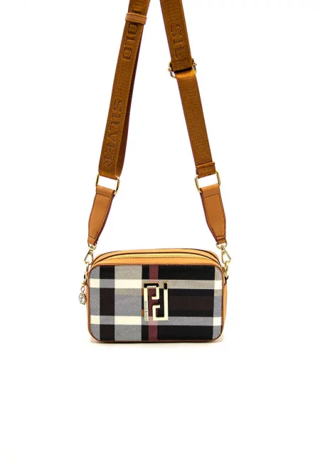 Чанта от еко кожа с метално лого и шарка - Слонова кост/Черен/Оранжев