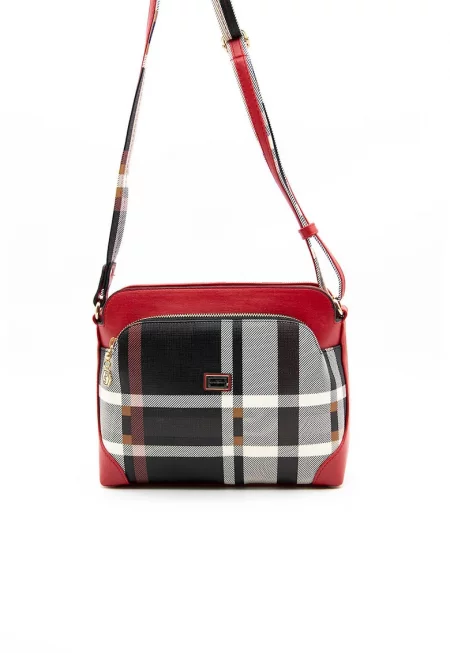 Чанта от еко кожа с преден джоб с цип - Червен/Черен/Светло сив