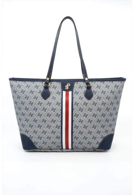 Чанта Tote от еко кожа с шарка - Светло сив/Тъмносин