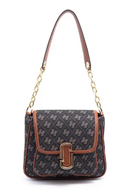 Чанта за рамо от еко кожа с капаче и лого - Карамел/Антрацитно сиво