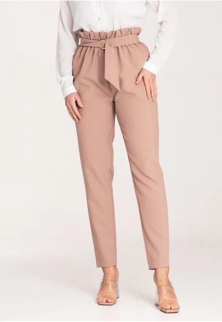 Дамски панталон  елегантен - висока талия - бежов - полиестер