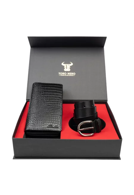 Дамски портфейл и комплект колан естествена кожа черен Gia-Middle