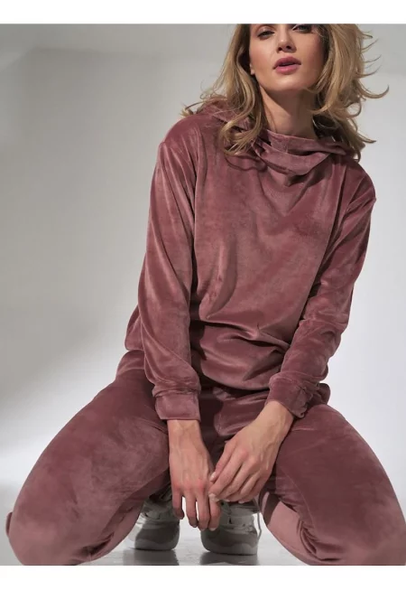 Дамски пуловер  розов - велур - с качулка - дълги ръкави - висока яка - полиестер -