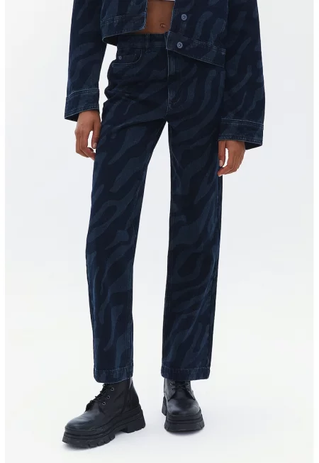 Дънки със средновисока талия и принт - Тъмносин