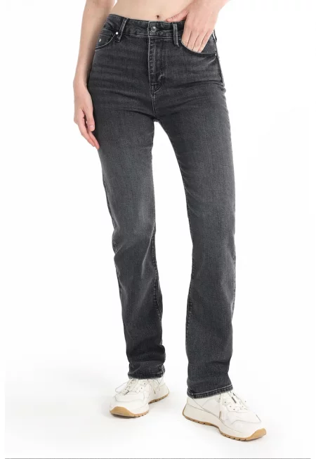 Дънки със средновисока талия и захабен ефект - Tъмносив