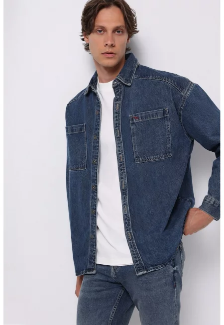 Дънково яке-риза с джоб на гърдите - Тъмносин