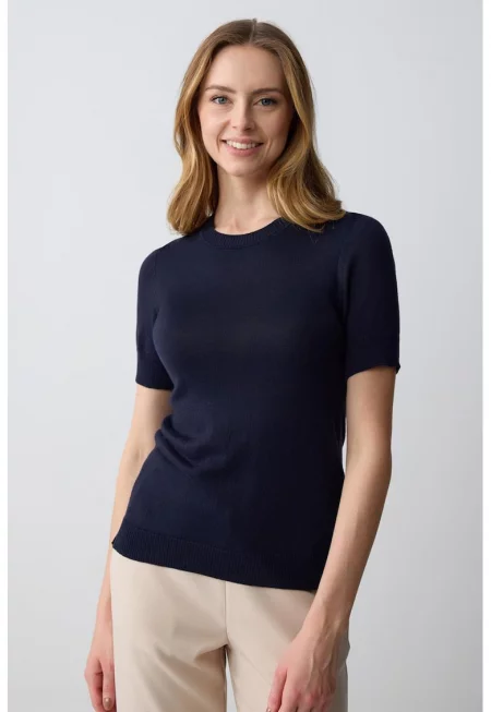 Фино плетен пуловер с къси ръкави - Тъмносин