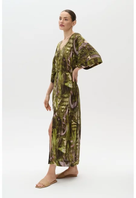 Флорална рокля с лен - Маслинено зелено - Розово -