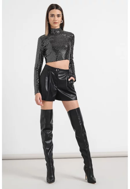 Къс панталон от еко кожа - Черен