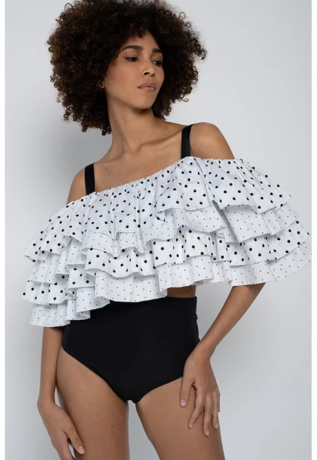 Къса блуза с набирания - Бял