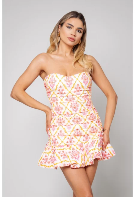 Къса рокля без презрамки мръсно бяла/корал 12942