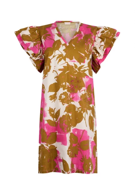 Къса рокля от поплин - Кафяв/Розово