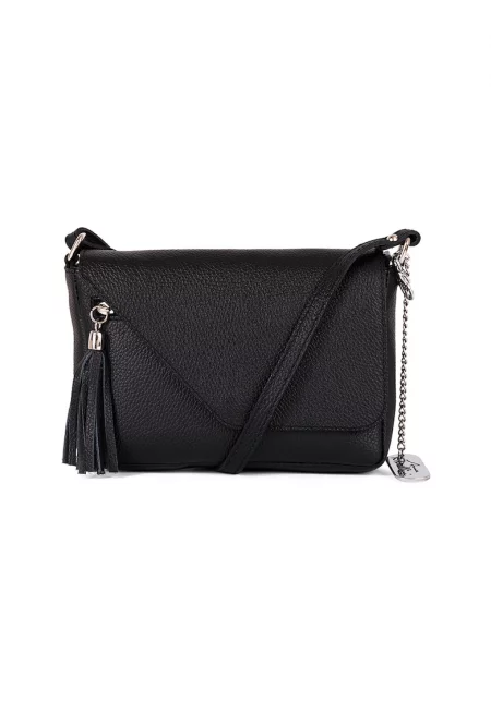 Кожена чанта Lola с пискюл - Черен