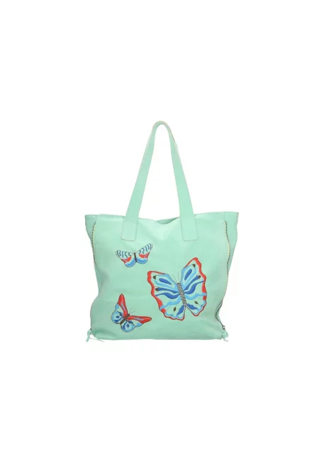 Кожена шопинг чанта с пеперуди - Аква зелено